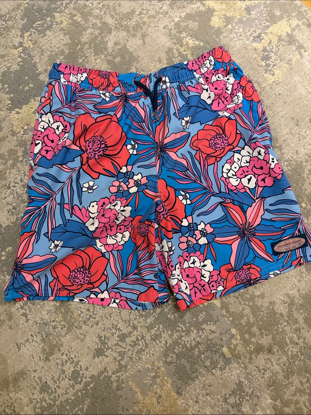 Vineyard Vines Blue Floral Swim Trunks with Pink and Red Flowers
